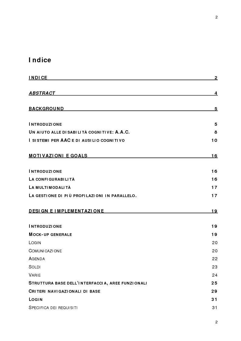 Indice della tesi: Autonomamente: progettazione di un sistema personale multimodale basato su profili per utenti con disabilità cognitive., Pagina 1