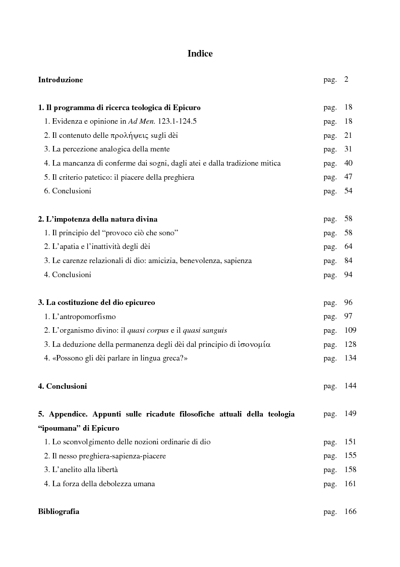 Indice della tesi: La persona eccezionale. Natura reale e conoscibilità mentale degli dèi di Epicuro, Pagina 1
