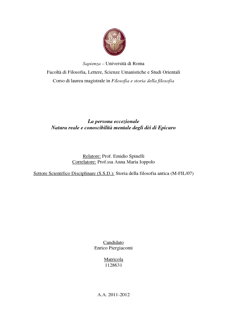 Anteprima della tesi: La persona eccezionale. Natura reale e conoscibilità mentale degli dèi di Epicuro, Pagina 1