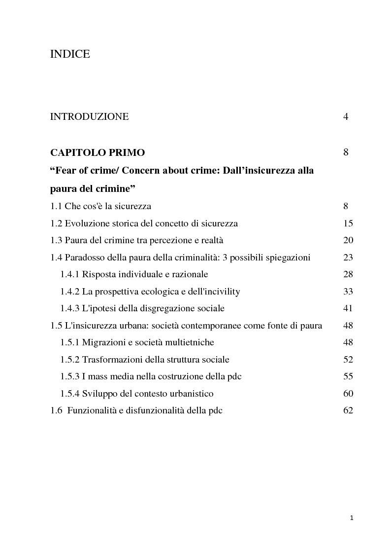 Indice della tesi: La paura della criminalità nella città di Forlì: analisi comparativa tra criminalità reale e senso di insicurezza percepito, Pagina 1