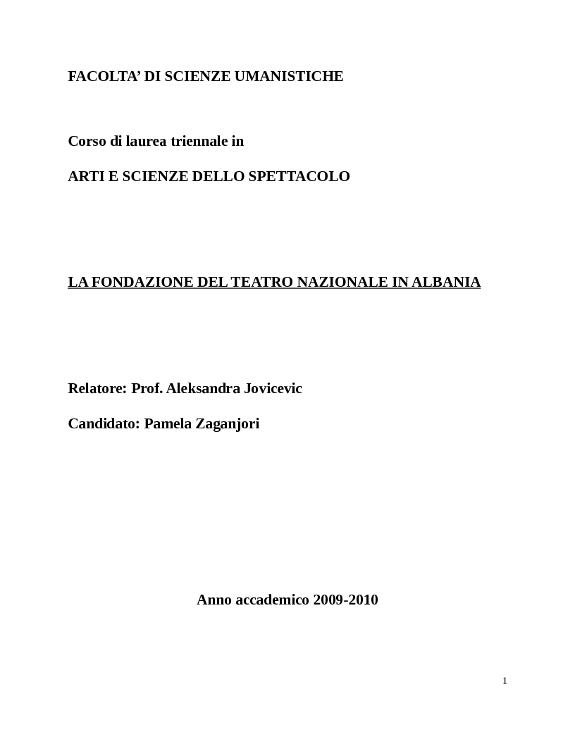 Anteprima della tesi: La fondazione del Teatro Albanese, Pagina 1