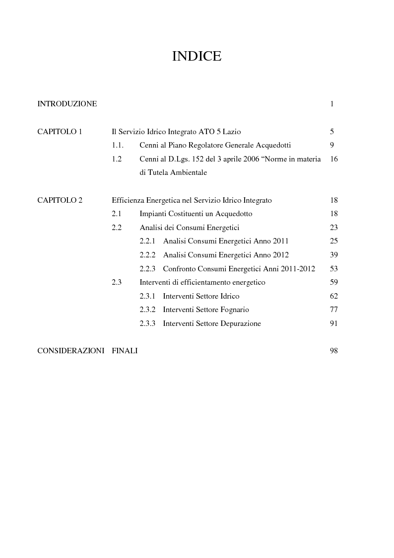 Indice della tesi: ATO 5 Lazio, Analisi Energetica e Interventi di Efficientamento del Servizio Idrico Integrato, Pagina 1