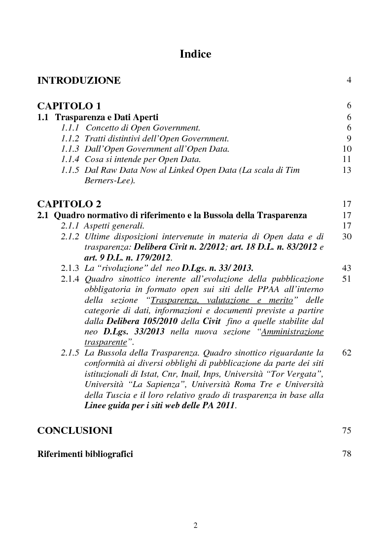 Indice della tesi: Trasparenza e Open Data: l'evoluzione del quadro normativo fino all'emanazione del neo D.Lgs. 33/2013. La Bussola della Trasparenza., Pagina 1