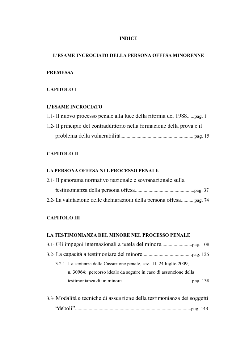 Indice della tesi: L'esame incrociato della persona offesa minorenne, Pagina 1
