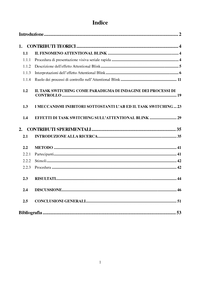 Indice della tesi: Attentional Blink e cambio di compito volontario, Pagina 1