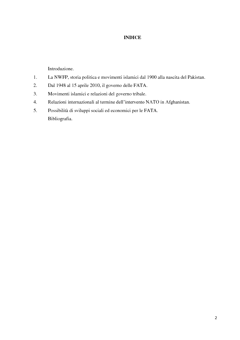Indice della tesi: Un esempio di realtà tribale nello scacchiere internazionale: il governo delle Federally Administered Tribal Areas., Pagina 1