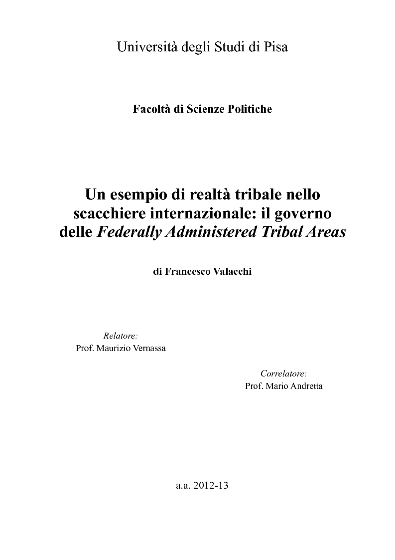 Anteprima della tesi: Un esempio di realtà tribale nello scacchiere internazionale: il governo delle Federally Administered Tribal Areas., Pagina 1