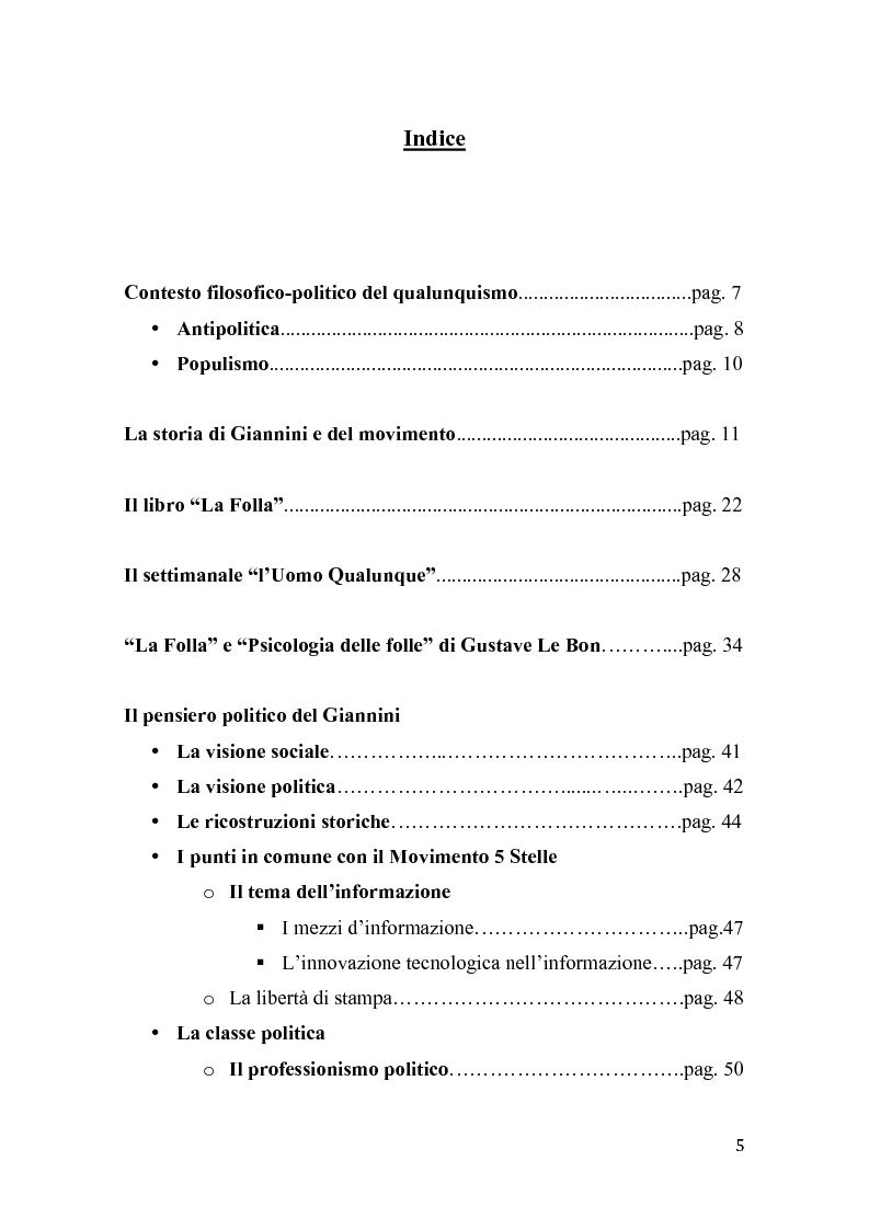 Indice della tesi: Giannini e il fronte dell'uomo qualunque, Pagina 1