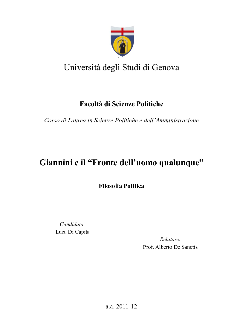 Anteprima della tesi: Giannini e il fronte dell'uomo qualunque, Pagina 1