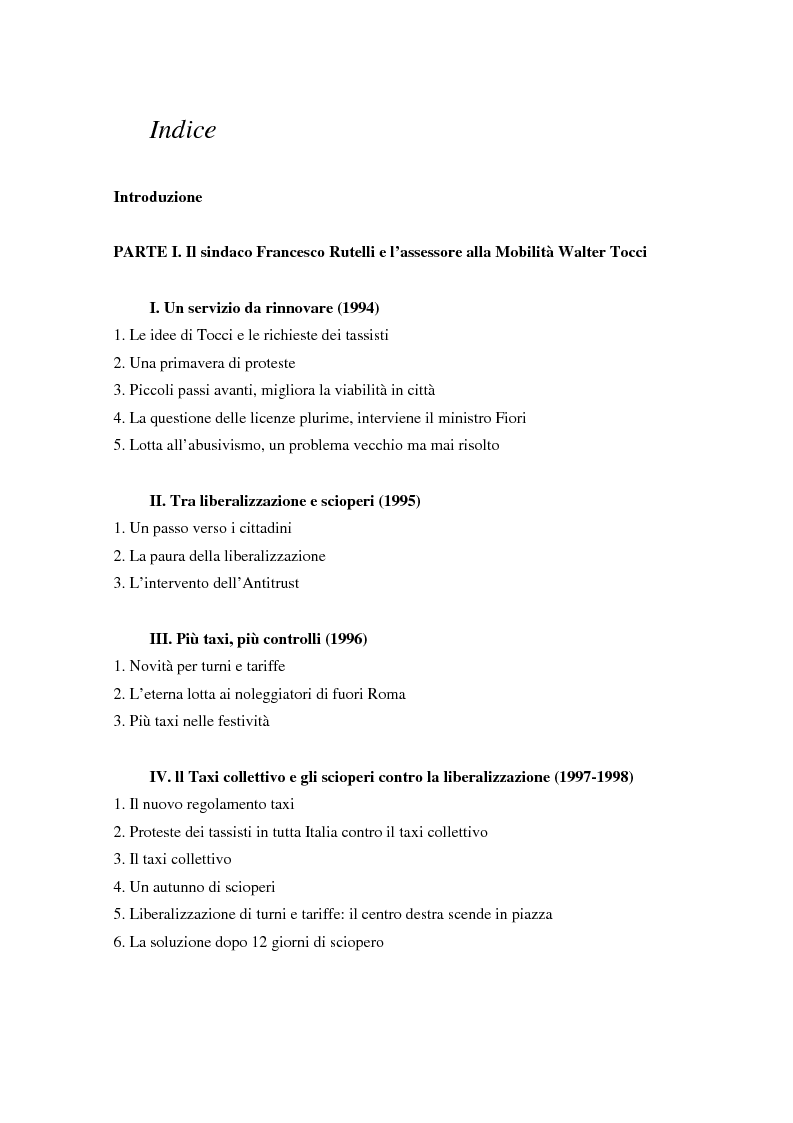 Indice della tesi: Alla ricerca di una città sostenibile. Il servizio taxi e il problema del traffico a Roma da Rutelli a Veltroni: riforme attuate e riforme tentate (1994-2007), Pagina 1