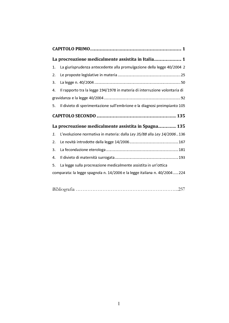 Indice della tesi: L'autonomia privata nella procreazione assistita in Italia e in Spagna, Pagina 1
