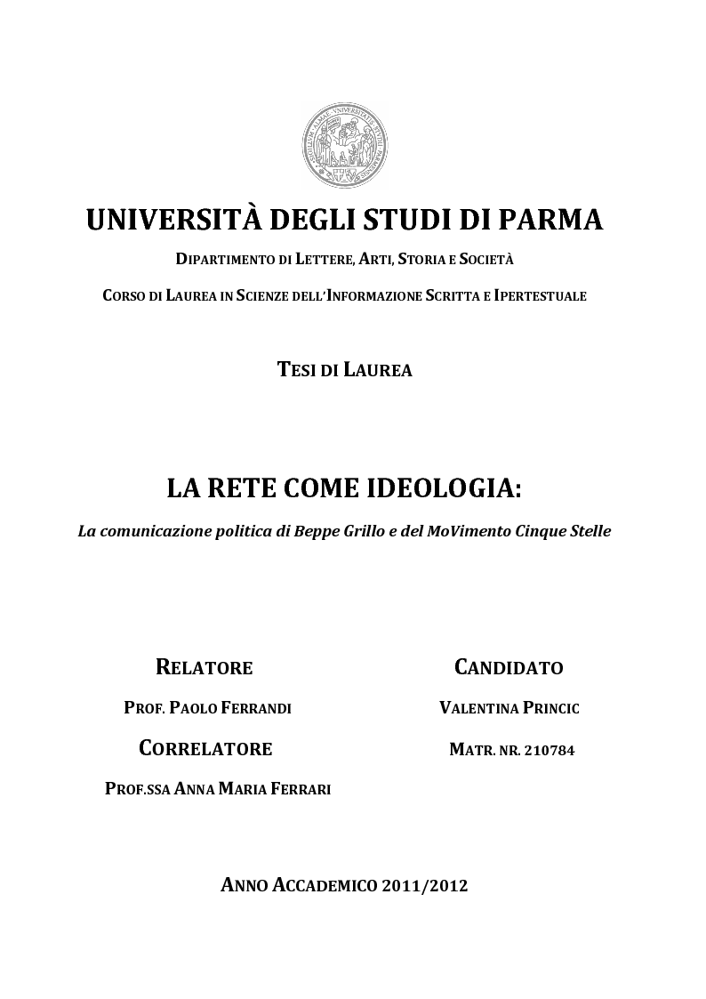 Anteprima della tesi: La Rete come ideologia: la comunicazione politica di Beppe Grillo e del MoVimento Cinque Stelle, Pagina 1