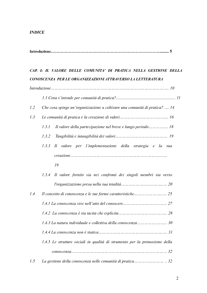 Indice della tesi: La gestione della conoscenza nelle aziende di servizi alla persona, Pagina 1