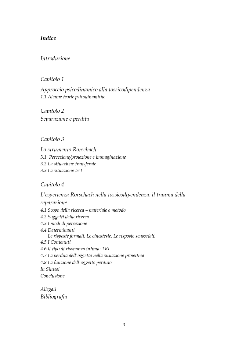 Indice della tesi: L'Esperienza Rorschach nella tossicodipendenza, Pagina 1