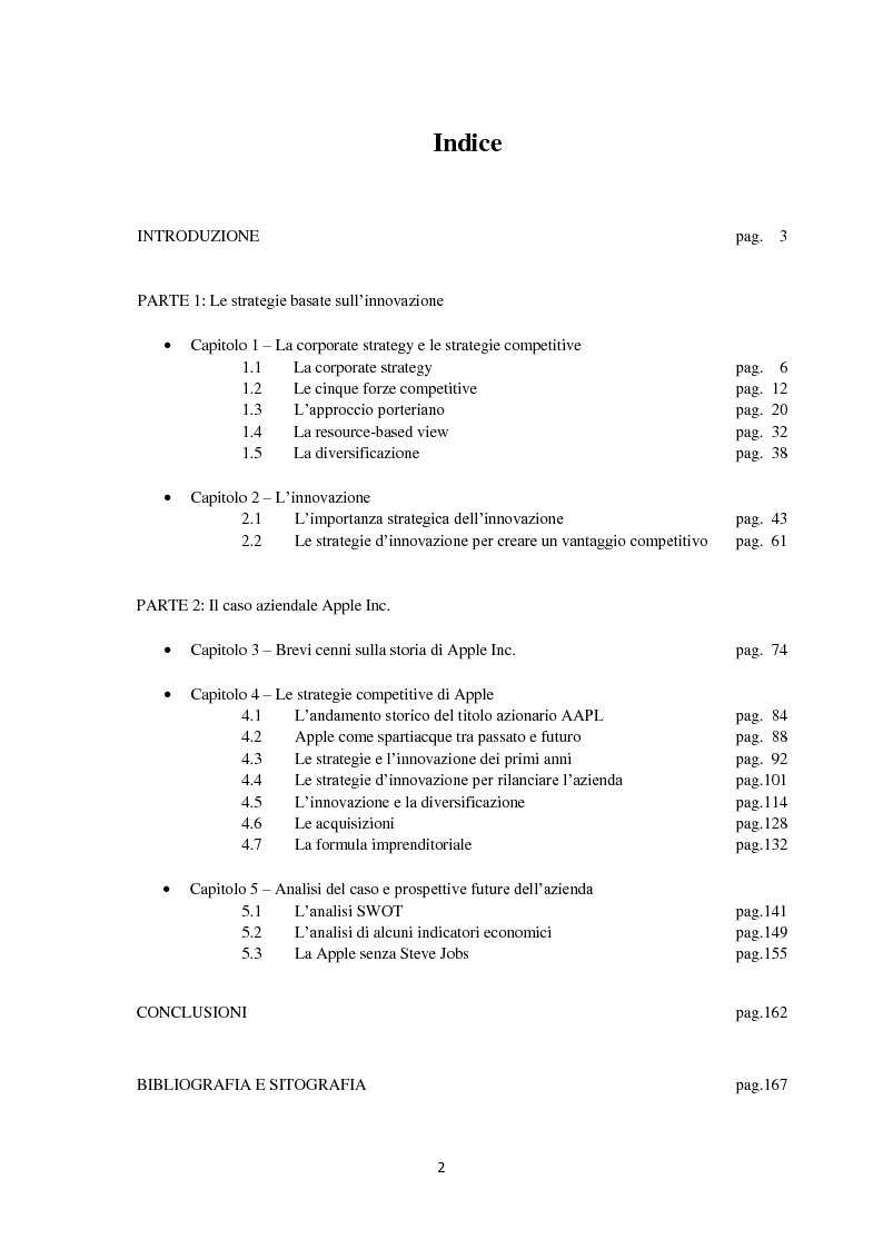 Indice della tesi: Le strategie competitive basate sull'innovazione. Il caso Apple., Pagina 1