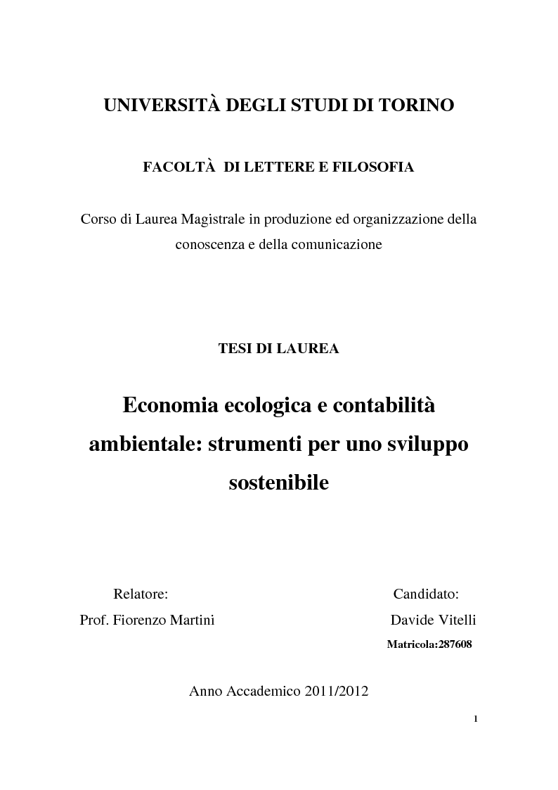 Anteprima della tesi: Economia ecologica e contabilità ambientale: strumenti per uno sviluppo sostenibile, Pagina 1