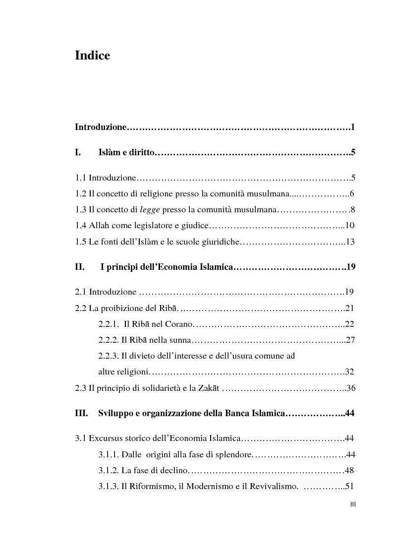 Indice della tesi: La Banca Islamica: Fattore di Integrazione e di Cooperazione tra l'Italia e la Tunisia, Pagina 1