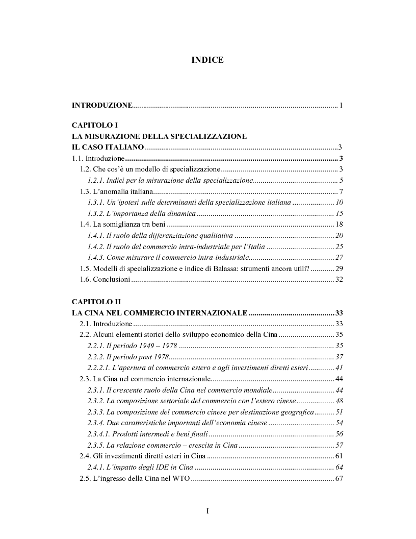 Indice della tesi: Rischi e opportunità dell'integrazione commerciale Italia-Cina, Pagina 1