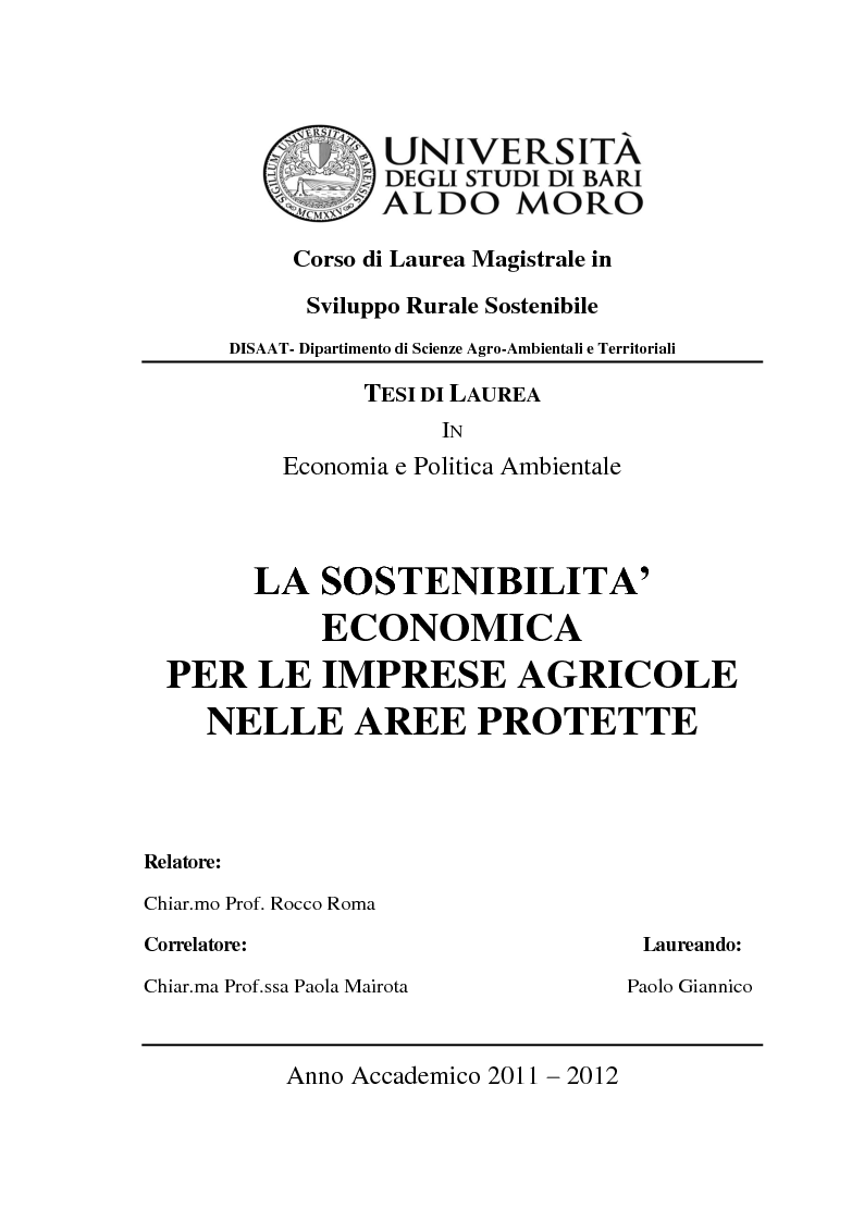 Anteprima della tesi: La sostenibilità economica per le imprese agricole nelle aree protette, Pagina 1