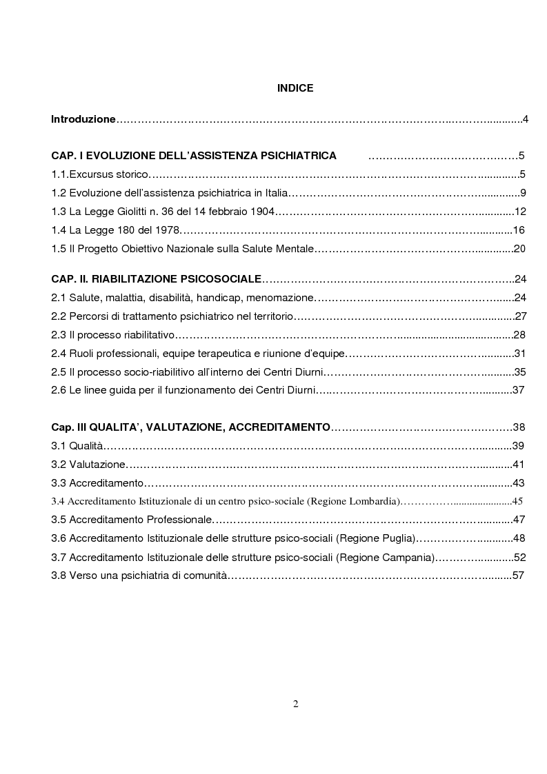 Indice della tesi: Le politiche per la Salute Mentale e il caso del Centro Diurno di Manfredonia, Pagina 1