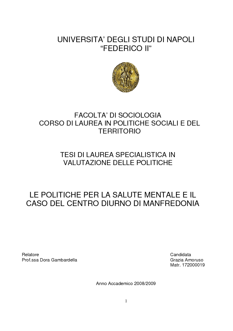 Anteprima della tesi: Le politiche per la Salute Mentale e il caso del Centro Diurno di Manfredonia, Pagina 1