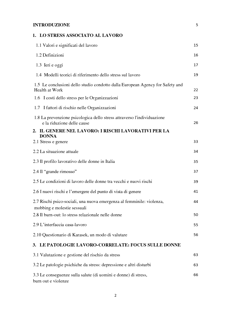 Indice della tesi: Stress e lavoro: focus sul genere femminile, Pagina 1