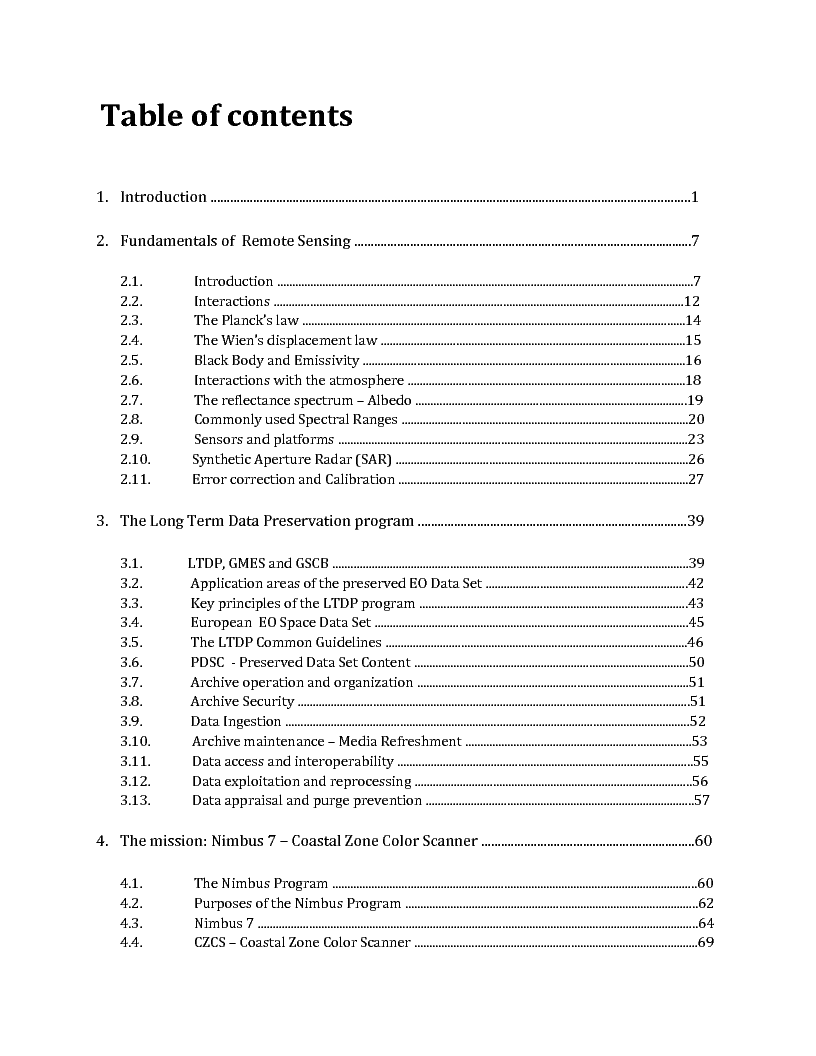 Indice della tesi: Long Term Data Preservation and applications of Nimbus 7 - Coastal Zone Color Scanner dataset, Pagina 1