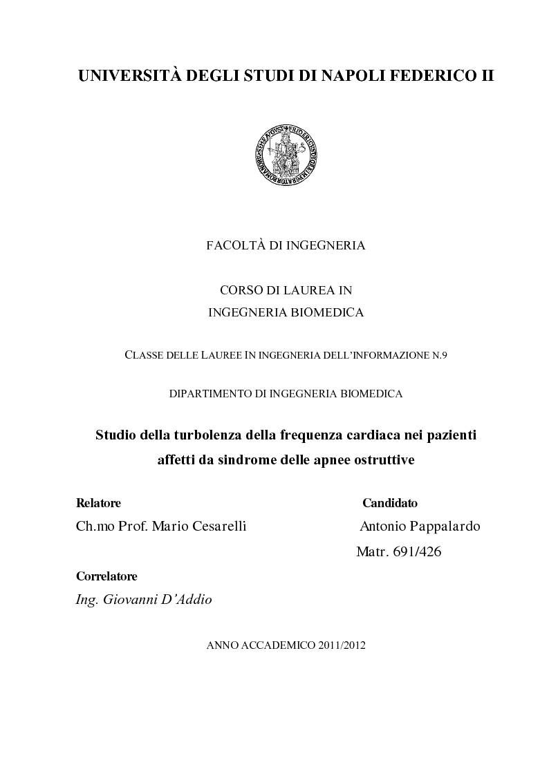 Anteprima della tesi: Studio della turbolenza della frequenza cardiaca nei pazienti affetti da sindrome delle apnee ostruttive, Pagina 1