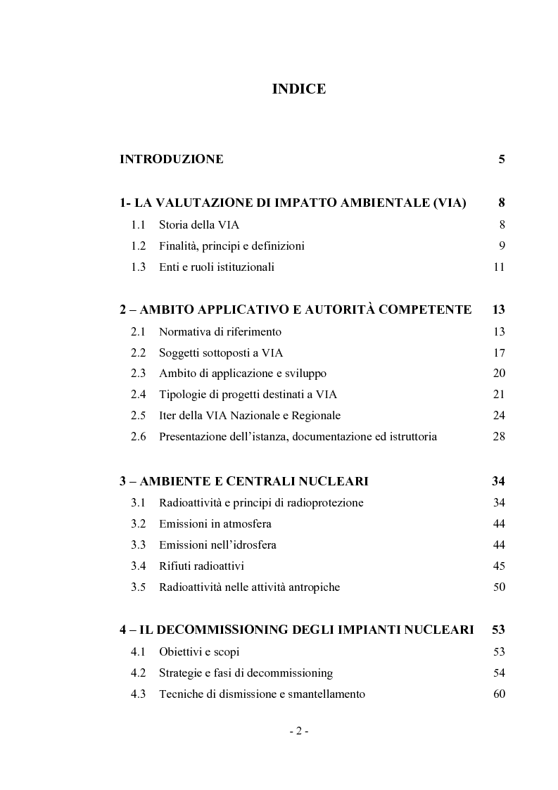 Indice della tesi: La valutazione dell’Impatto ambientale nel decommissioning degli impianti nucleari, Pagina 1