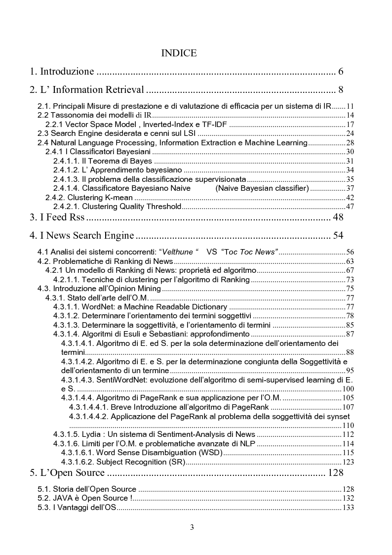 Indice della tesi: Analisi, Progetto ed Implementazione di un motore di Ricerca di News, con sperimentazione di tecniche di Ranking ed Opinion Mining, Pagina 1