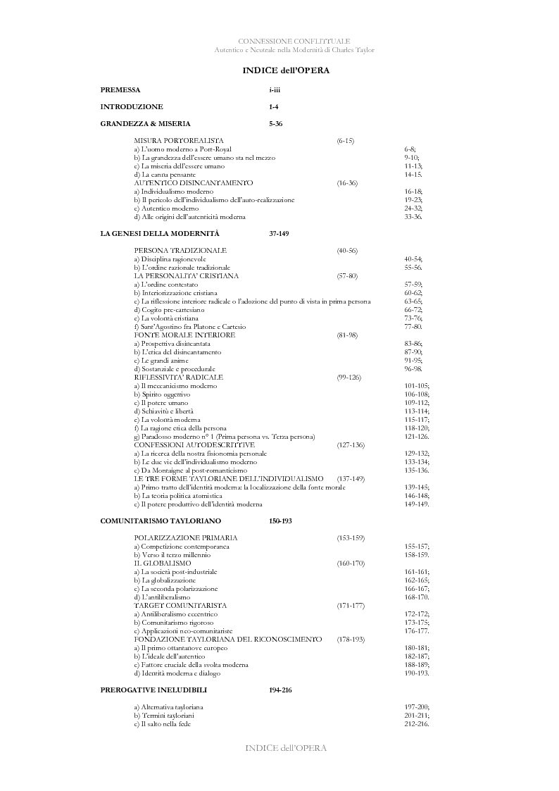 Indice della tesi: Connessione Conflittuale - Autentico e Neutrale nella Modernità di Charles Taylor, Pagina 1