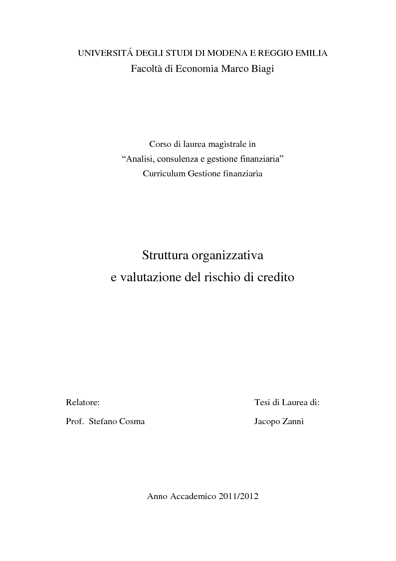 Anteprima della tesi: Struttura organizzativa e valutazione del rischio di credito, Pagina 1