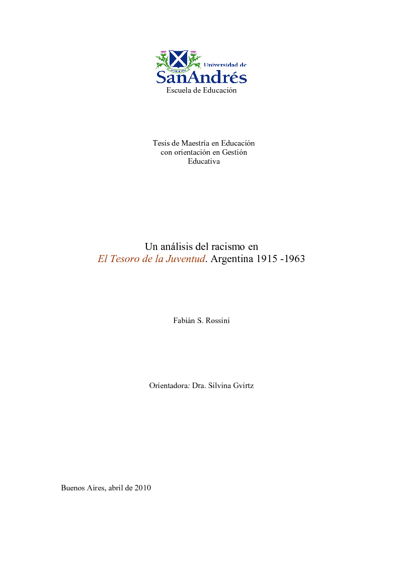 Anteprima della tesi: Un análisis del racismo en El Tesoro de la Juventud. Argentina 1915 -1963, Pagina 1