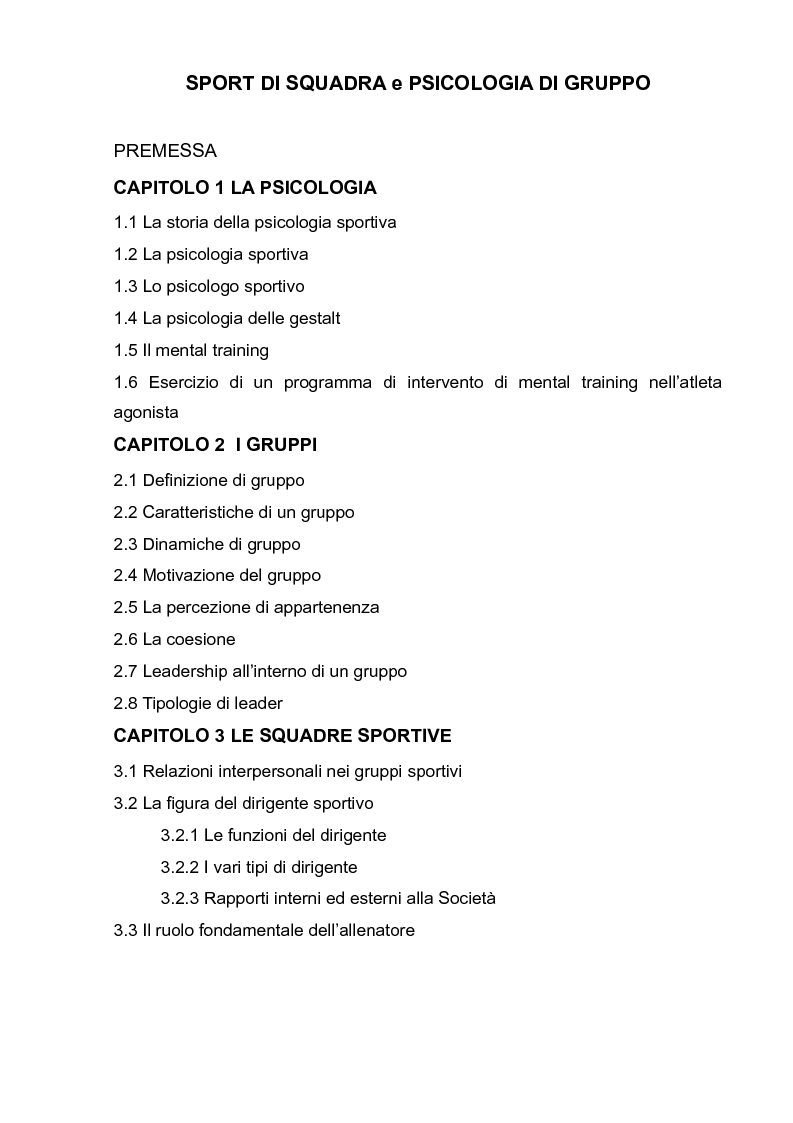 Indice della tesi: Sport di squadra e Psicologia di gruppo, Pagina 1