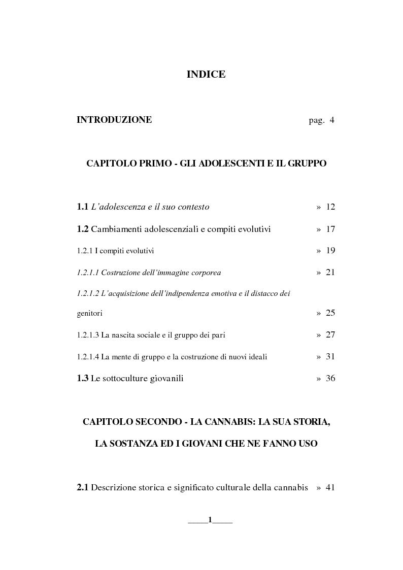 Indice della tesi: Aspetti e caratteristiche dell’uso ricreativo di cannabis, Pagina 1