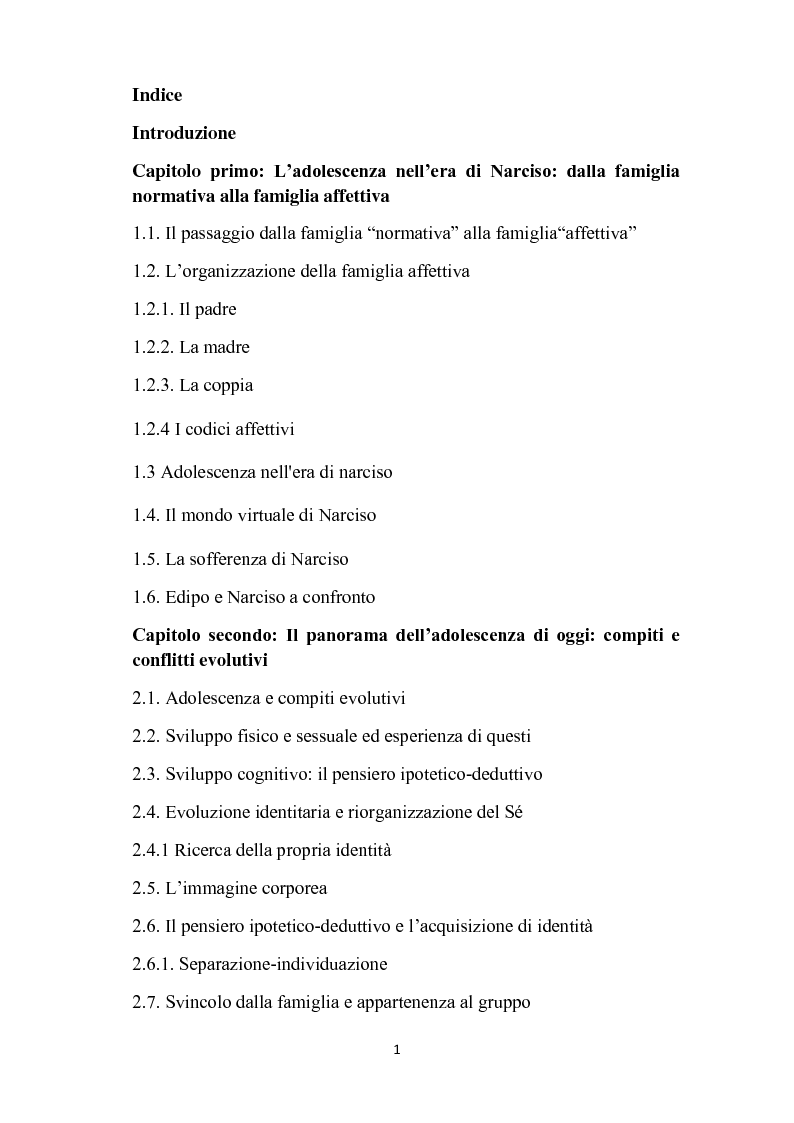 Indice della tesi: Adolescenza nell'era di Narciso, Pagina 1
