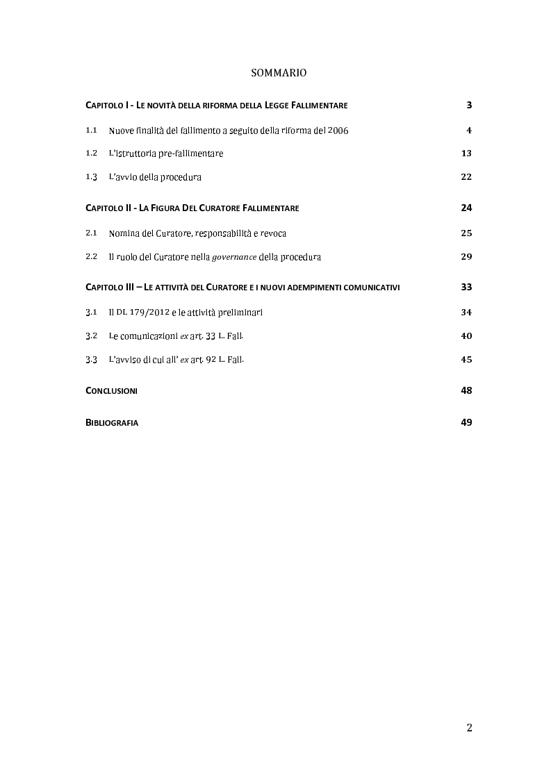 Indice della tesi: L'Attuale Disciplina del Fallimento e L'Attività del Curatore Fallimentare, Pagina 1