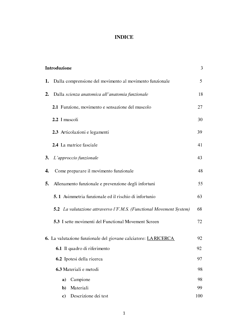 Indice della tesi: La valutazione funzionale del giovane calciatore, Pagina 1