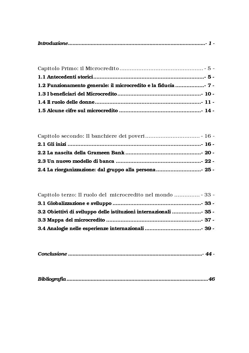 Indice della tesi: Il Microcredito: strumento di sviluppo socio-economico per i più deboli, Pagina 1