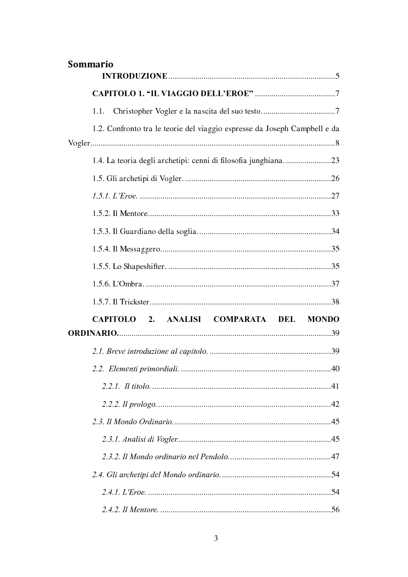 Indice della tesi: Analisi della narrazione in Christopher Vogler. Corrispondenza delle sue teorie nel testo "Il Pendolo di Foucault" di Umberto Eco, Pagina 1
