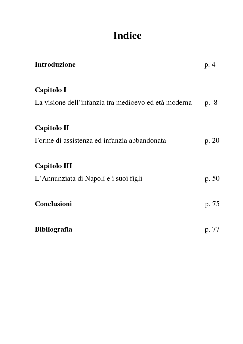 Indice della tesi: ''Per miseria o per vergogna''. L'infanzia abbandonata in epoca moderna, Pagina 1