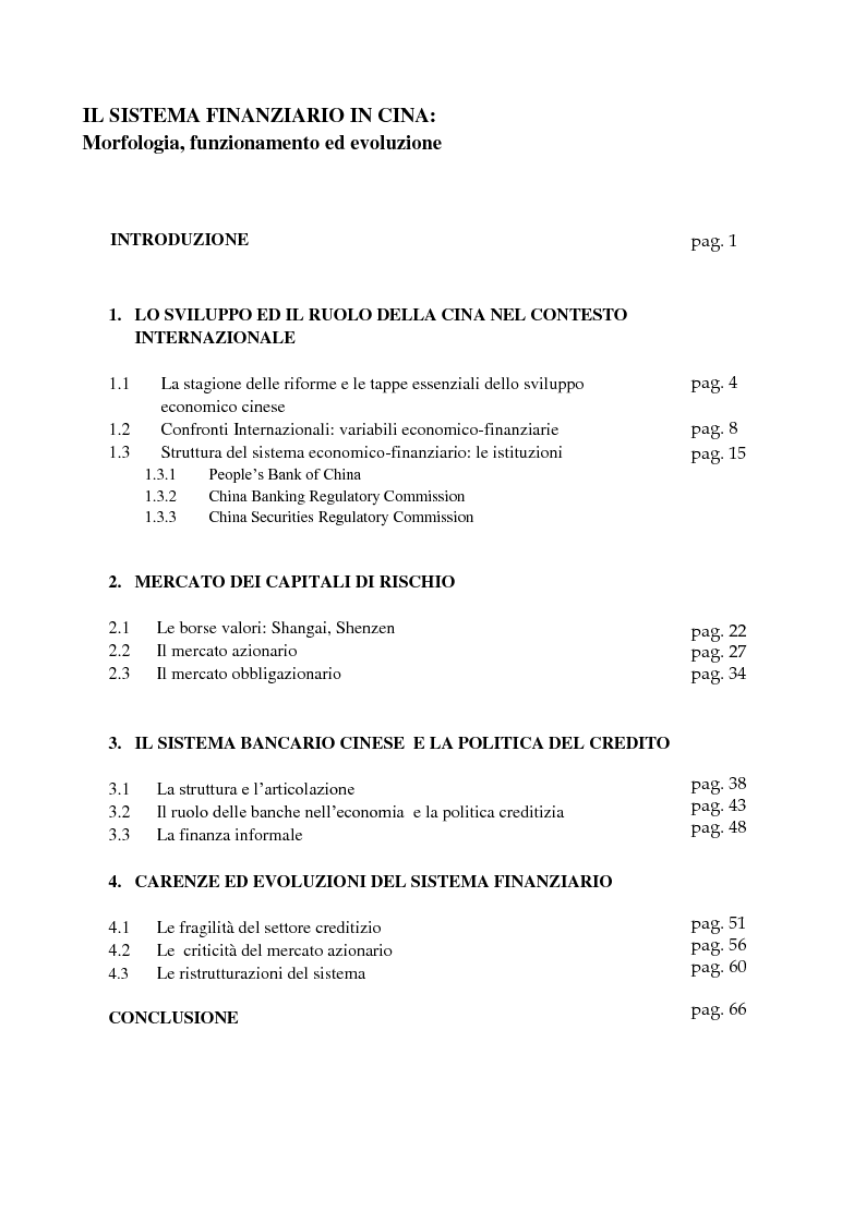 Indice della tesi: Il sistema finanziario in Cina: Morfologia, Funzionamento ed Evoluzione, Pagina 1