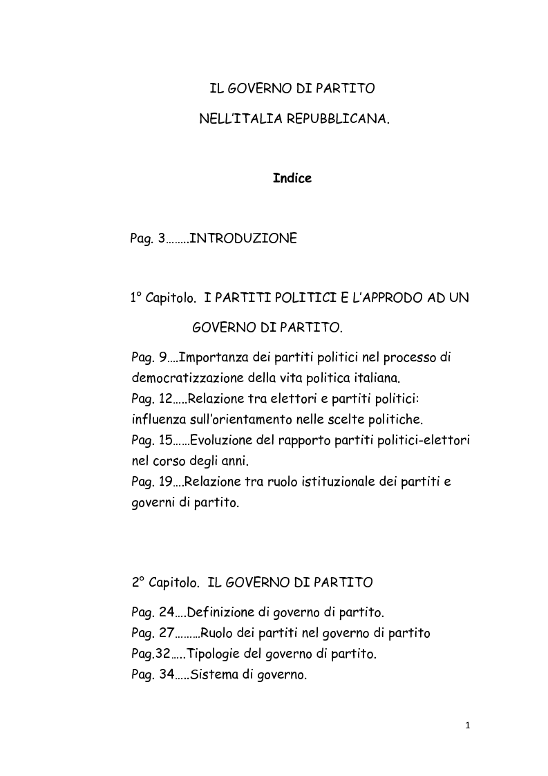 Indice della tesi: Il Governo di partito nell'Italia repubblicana, Pagina 1