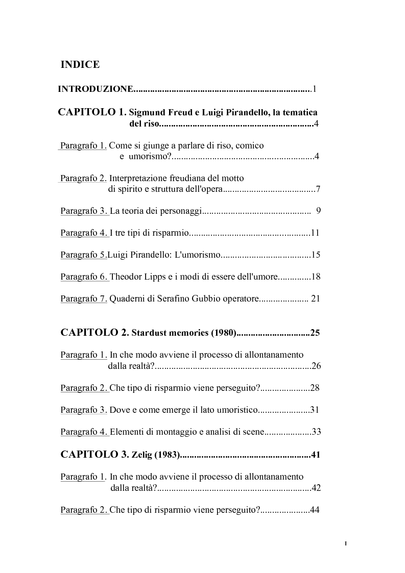 Indice della tesi: Il cinema di Woody Allen: l'umorismo tra realtà ed immaginazione, Pagina 1