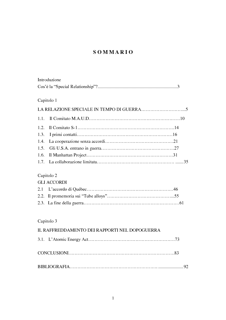Indice della tesi: A “Special Nuclear Relationship”: Le origini della cooperazione atomica esclusiva tra Gran Bretagna e Stati Uniti d'America (1941-1946), Pagina 1