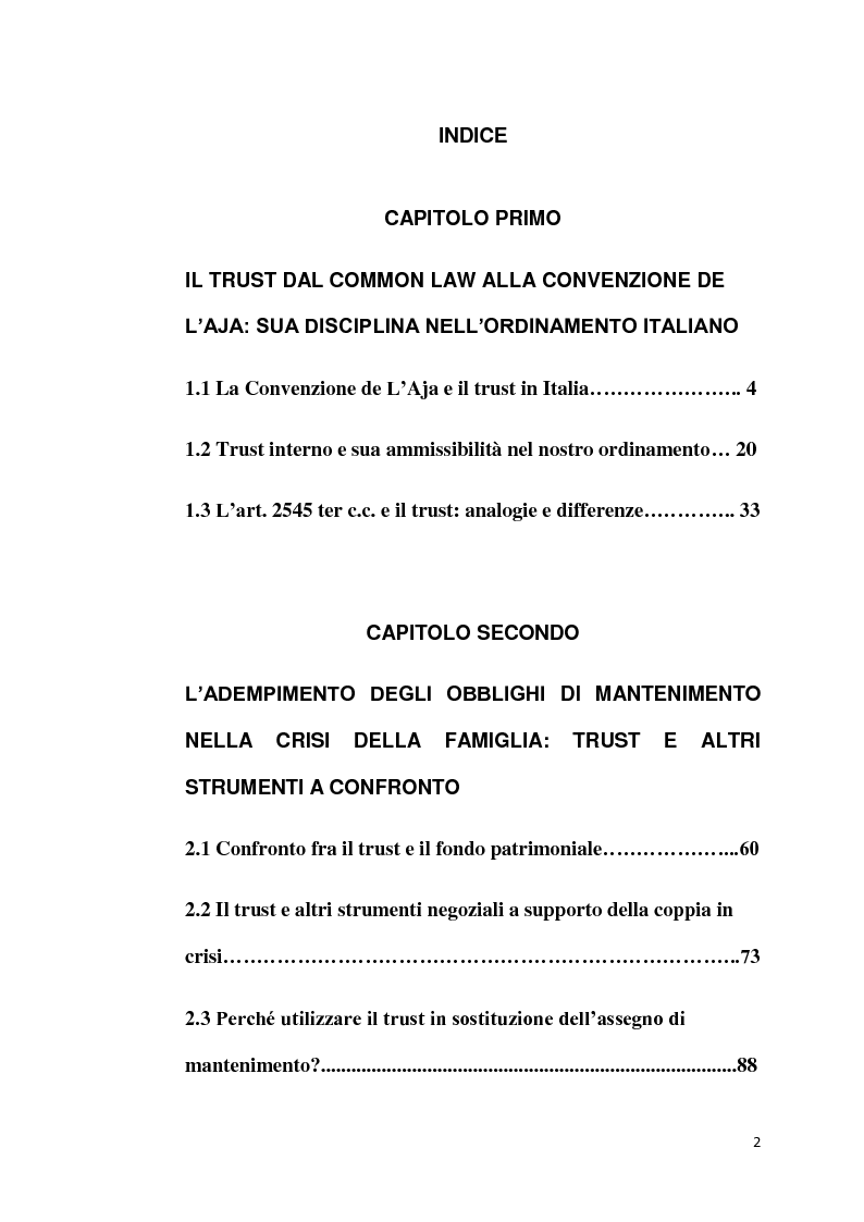 Indice della tesi: Il Trust applicato alla crisi della famiglia, Pagina 1
