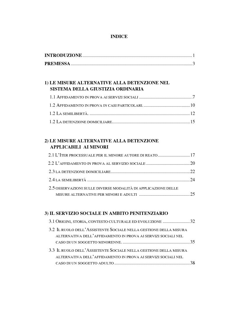 Indice della tesi: Le misure alternative alla detenzione applicate ai minori, Pagina 1