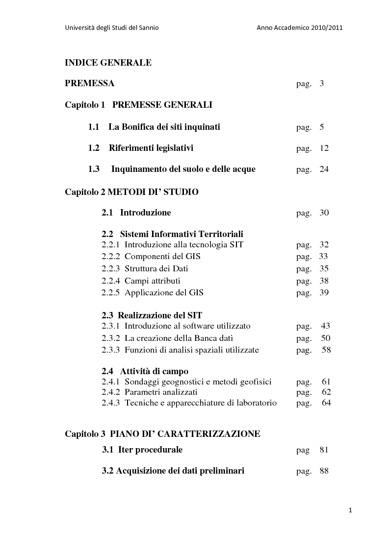 Indice della tesi: La bonifica dell’ex discarica comunale di Castelfranco in Miscano: indagini conoscitive ed ipotesi di intervento, Pagina 1