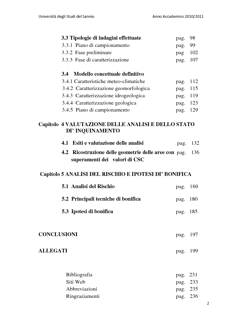 Indice della tesi: La bonifica dell’ex discarica comunale di Castelfranco in Miscano: indagini conoscitive ed ipotesi di intervento, Pagina 2