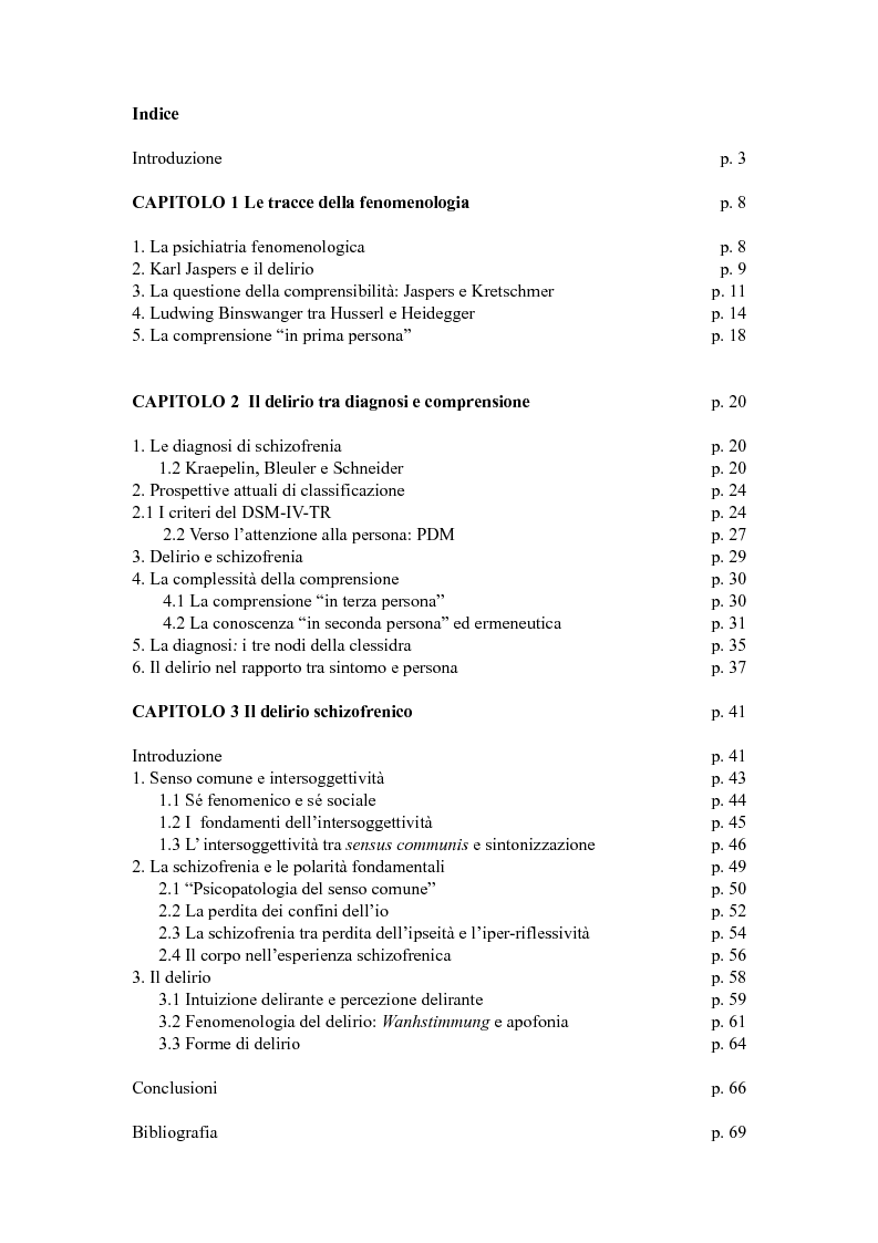 Indice della tesi: Il delirio schizofrenico tra sintomo e vissuto. Una prospettiva fenomenologica, Pagina 1